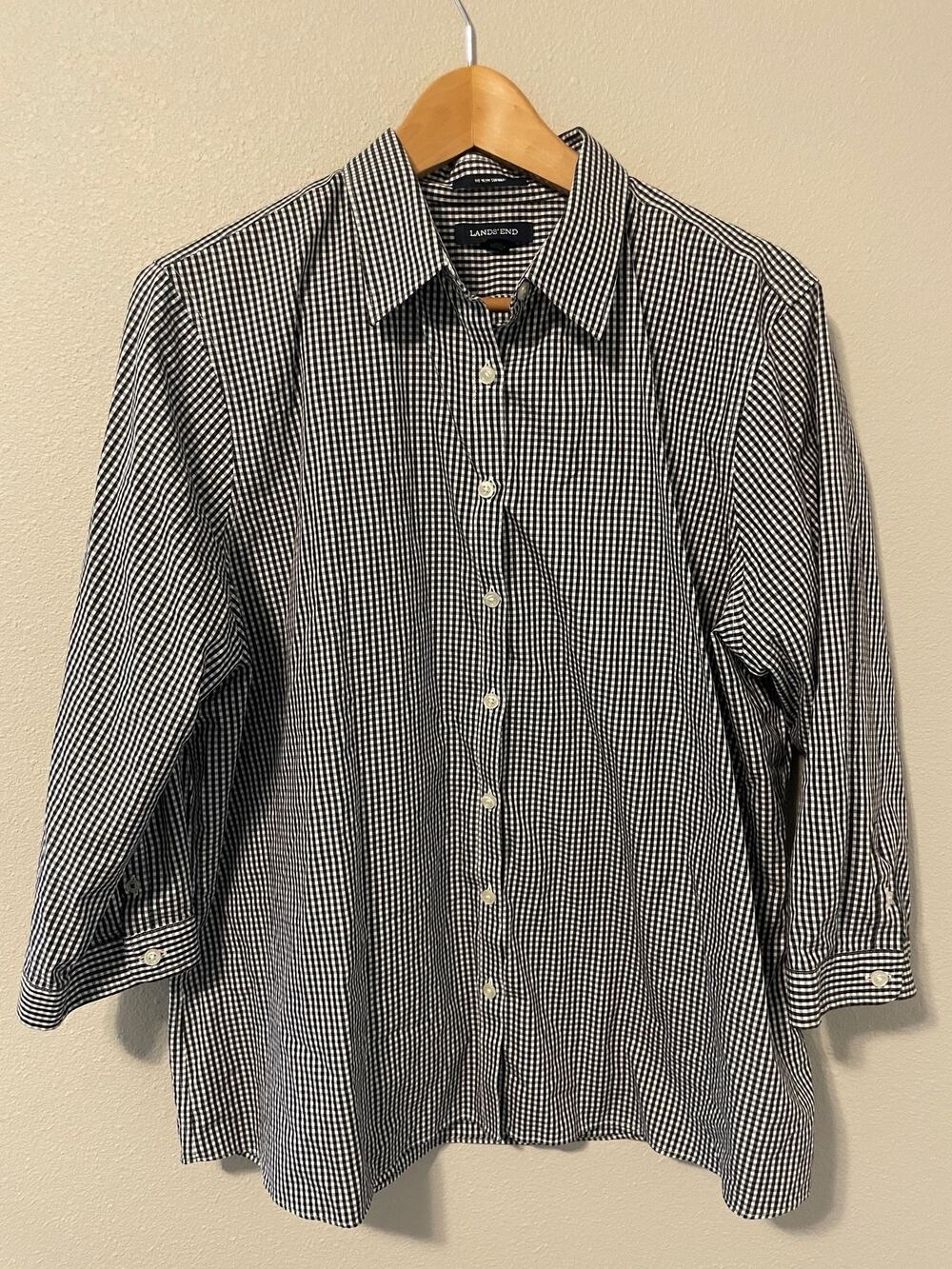 Lands' End No Iron Supima Cotton Button Up Womens 18 Black White Gingham